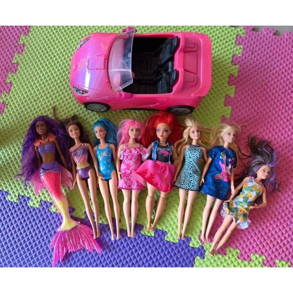 Barbie Doll Bundle + Pink Convertible Car – 8 Dolls